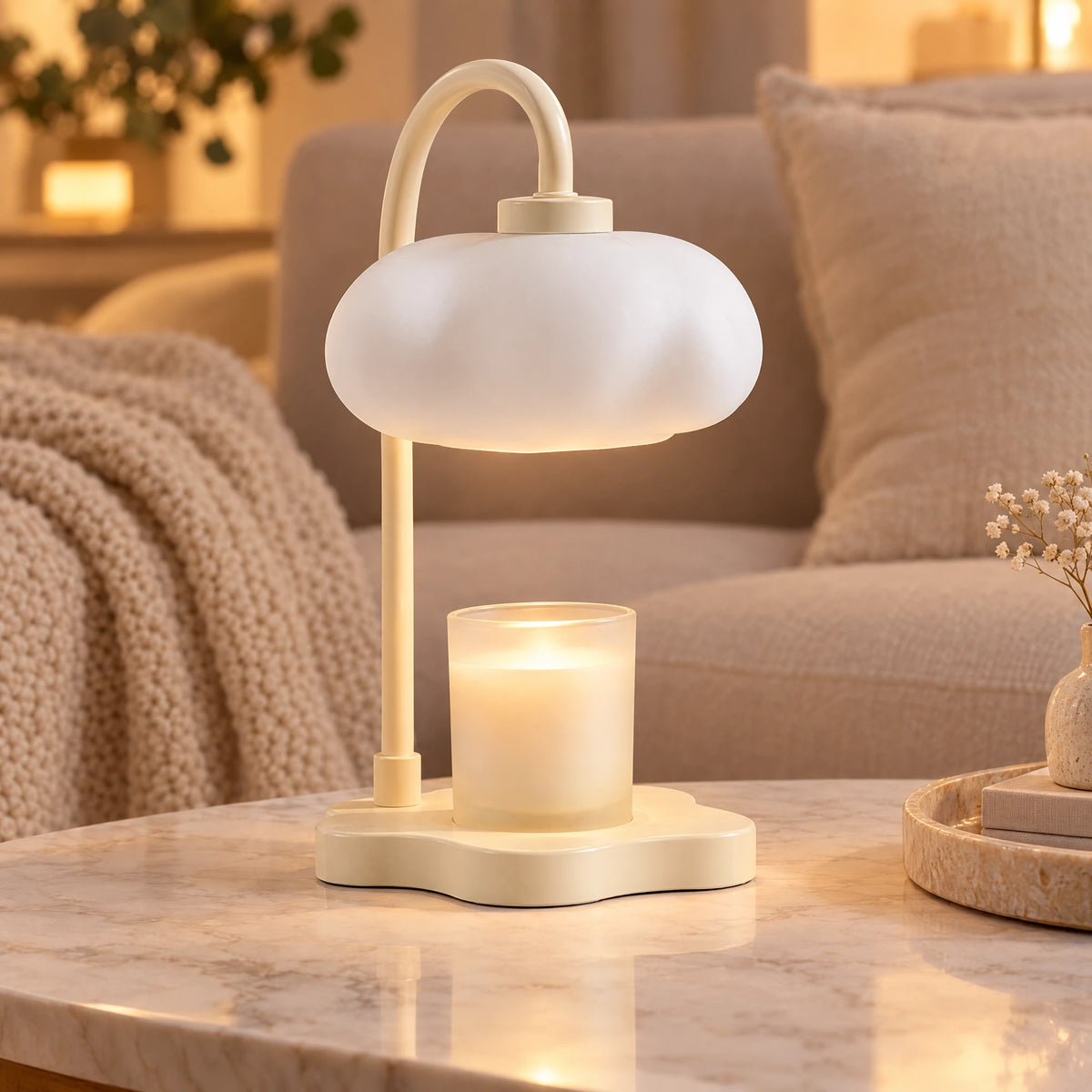 Cloud Candle Warmer Table Lamp - Milky White Shade with Candle