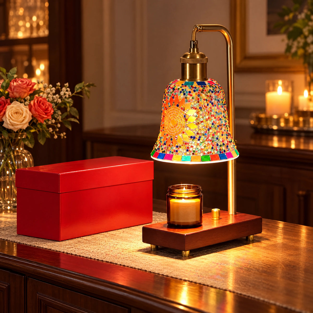 Mosaic Glass Candle Warmer Lamp - Square Base with Gift Box