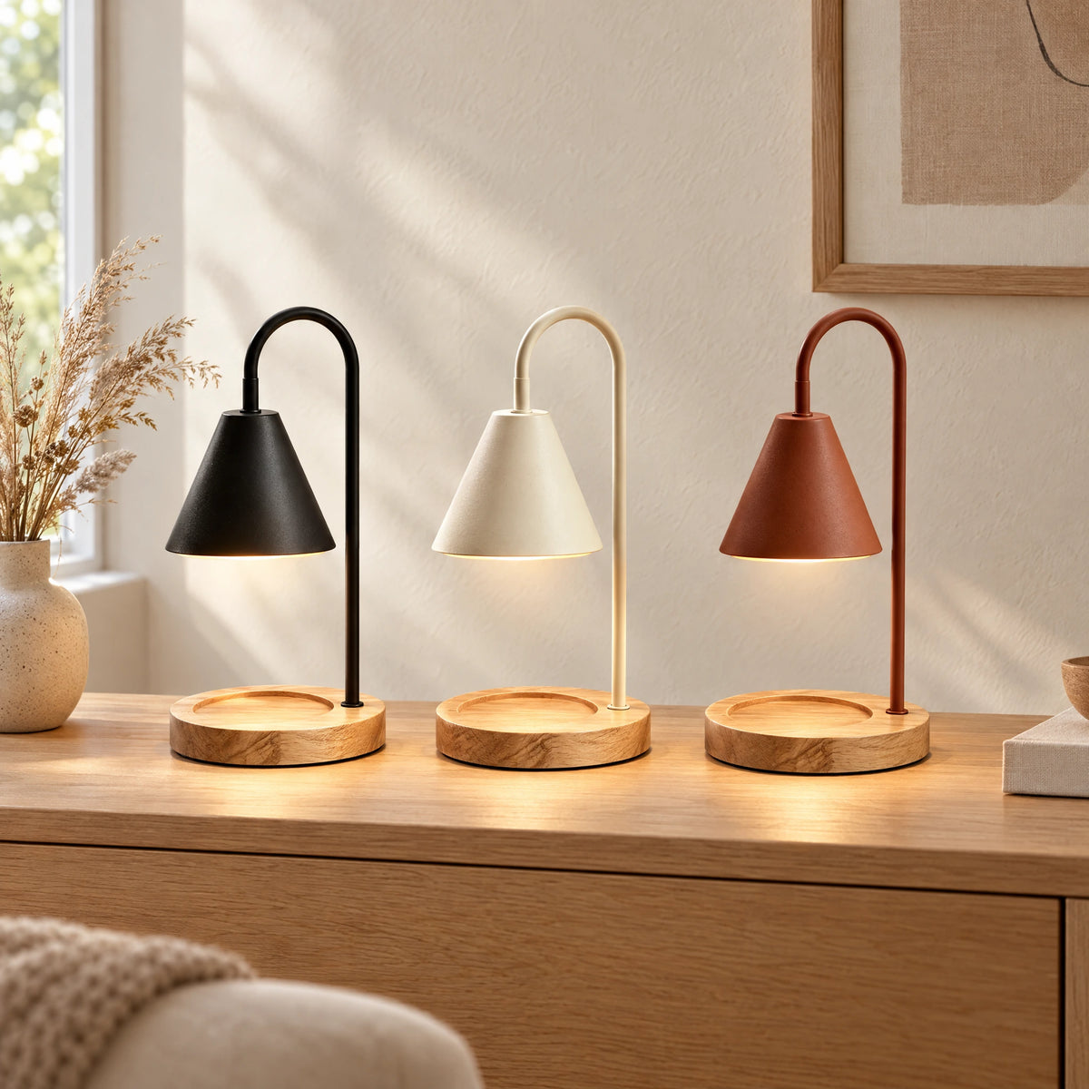 Candle Warmer Table Lamp with Metal Cone Shade - Matte Black, Cream White and Terracotta