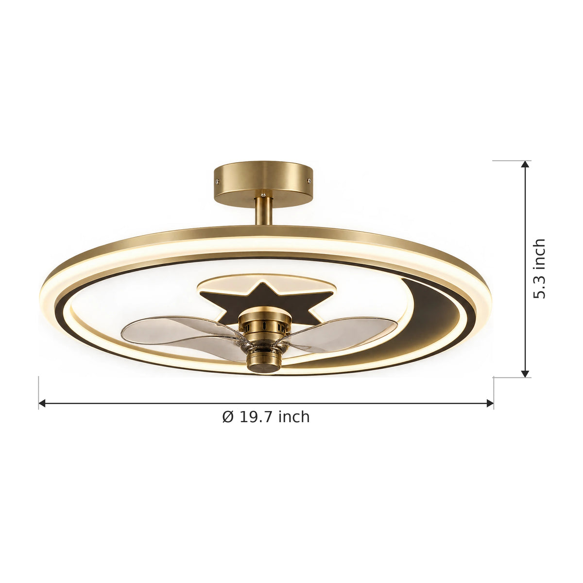 Bedroom Ceiling Fans with Lights, Star & Moon, 19.7 in, Remote - Dimensions