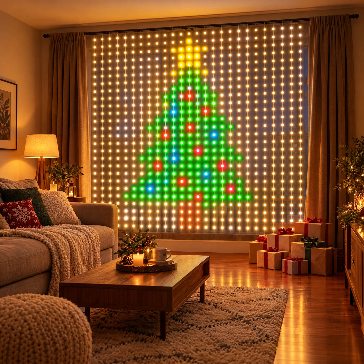 LED Christmas Lights Curtain showing a pixel Christmas tree in a living room window