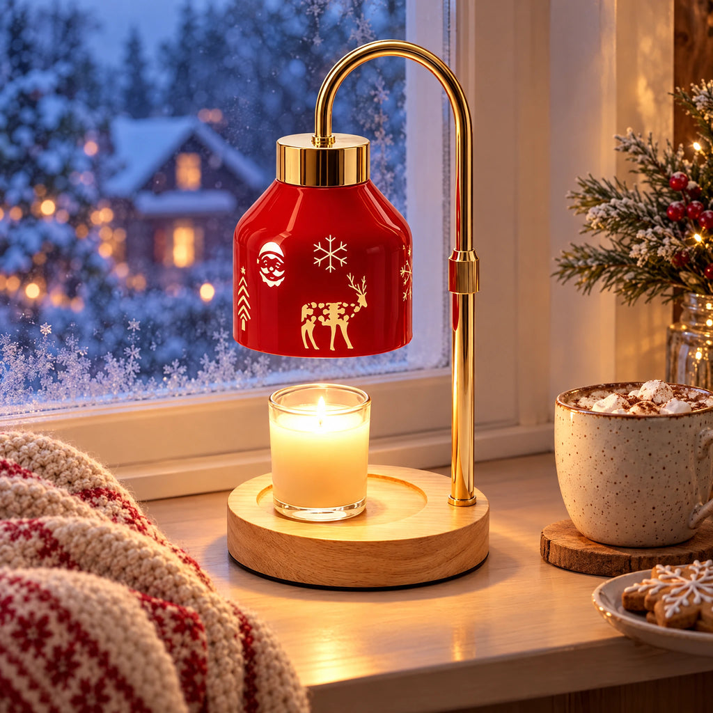 Christmas Candle Warmer Table Lamp - Gold rod + natural wood base