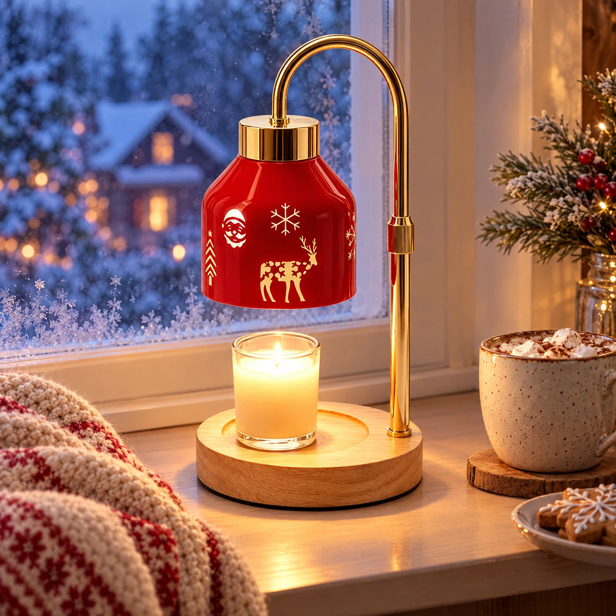 Christmas Candle Warmer Table Lamp - Gold rod + natural wood base