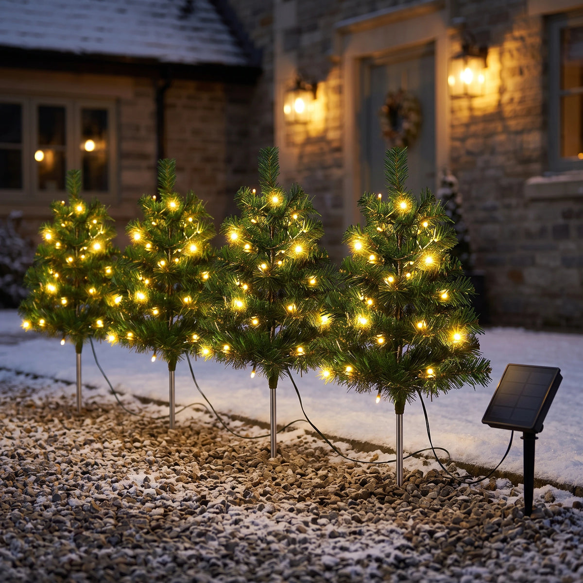 Solar Christmas Lights Tree Stakes, Stainless Steel — Four-piece 75cm Christmas tree (warm-colored lights) basic model