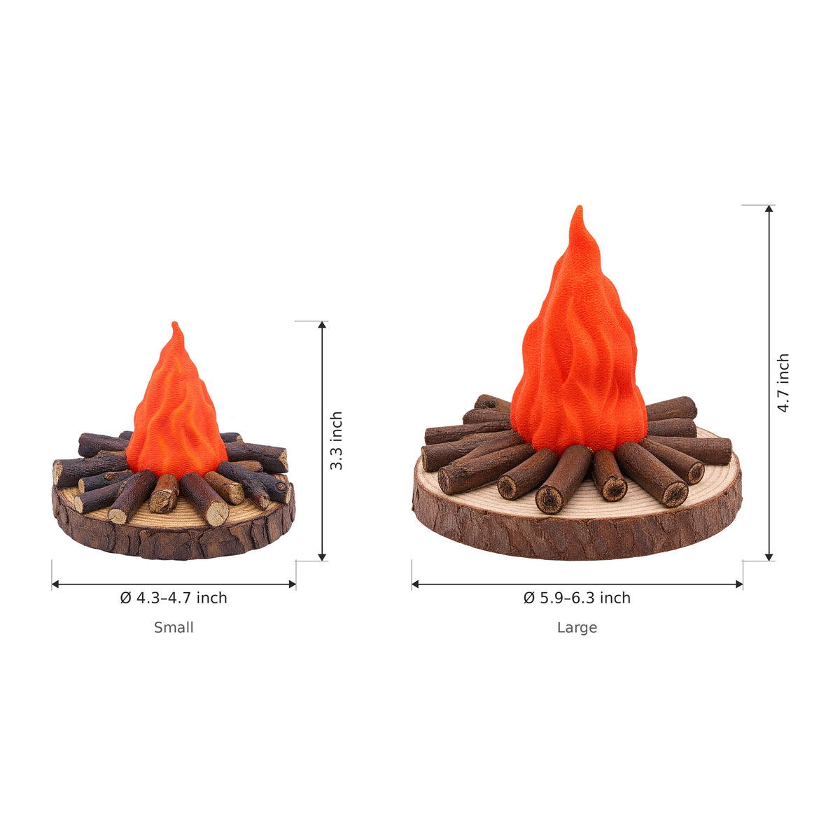 Campfire Night Light with Real Wood Base and Warm LED, USB Powered - Dimensions