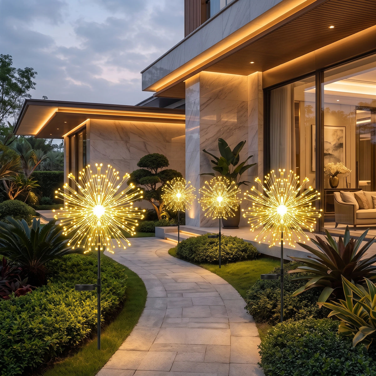 GENERATED_MAIN::Solar Firework Ground Lights - luxury villa pathway scene