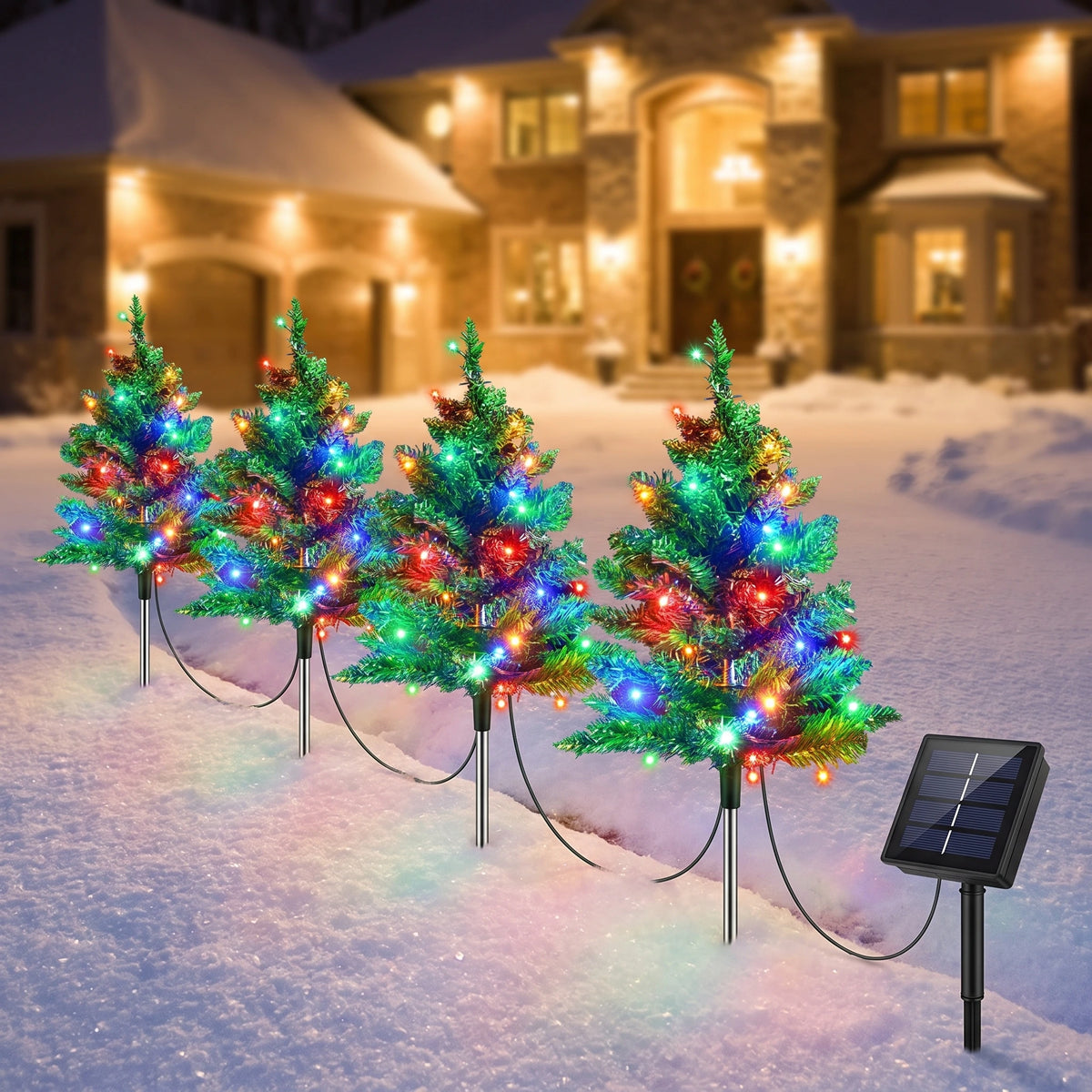 Solar Christmas Lights Tree Stakes, Stainless Steel — Four-in-one 75cm Christmas tree (colorful lights) basic model