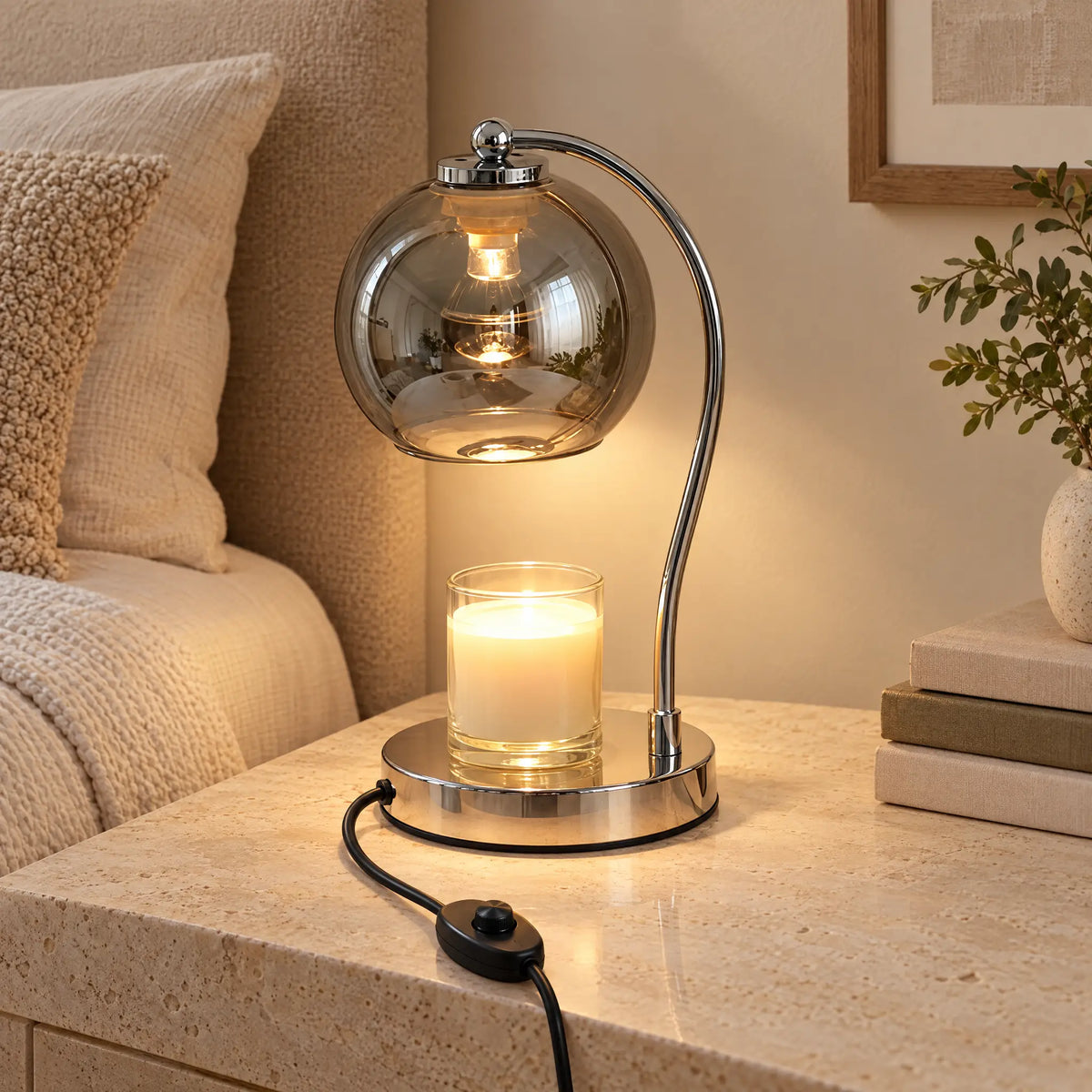 Dome Shade Candle Warmer Lamp - Crystal Clear Gray Glass, Dimmer Switch