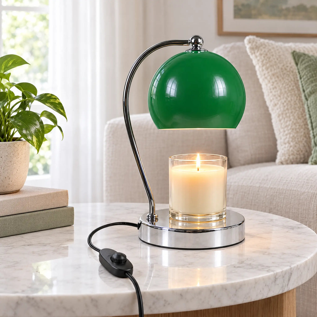 Dome Shade Candle Warmer Lamp - Green, Dimmer Switch