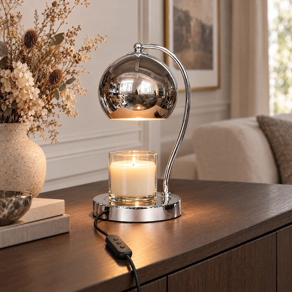 Dome Shade Candle Warmer Lamp - Electroplated Silver, Timer Dimmer