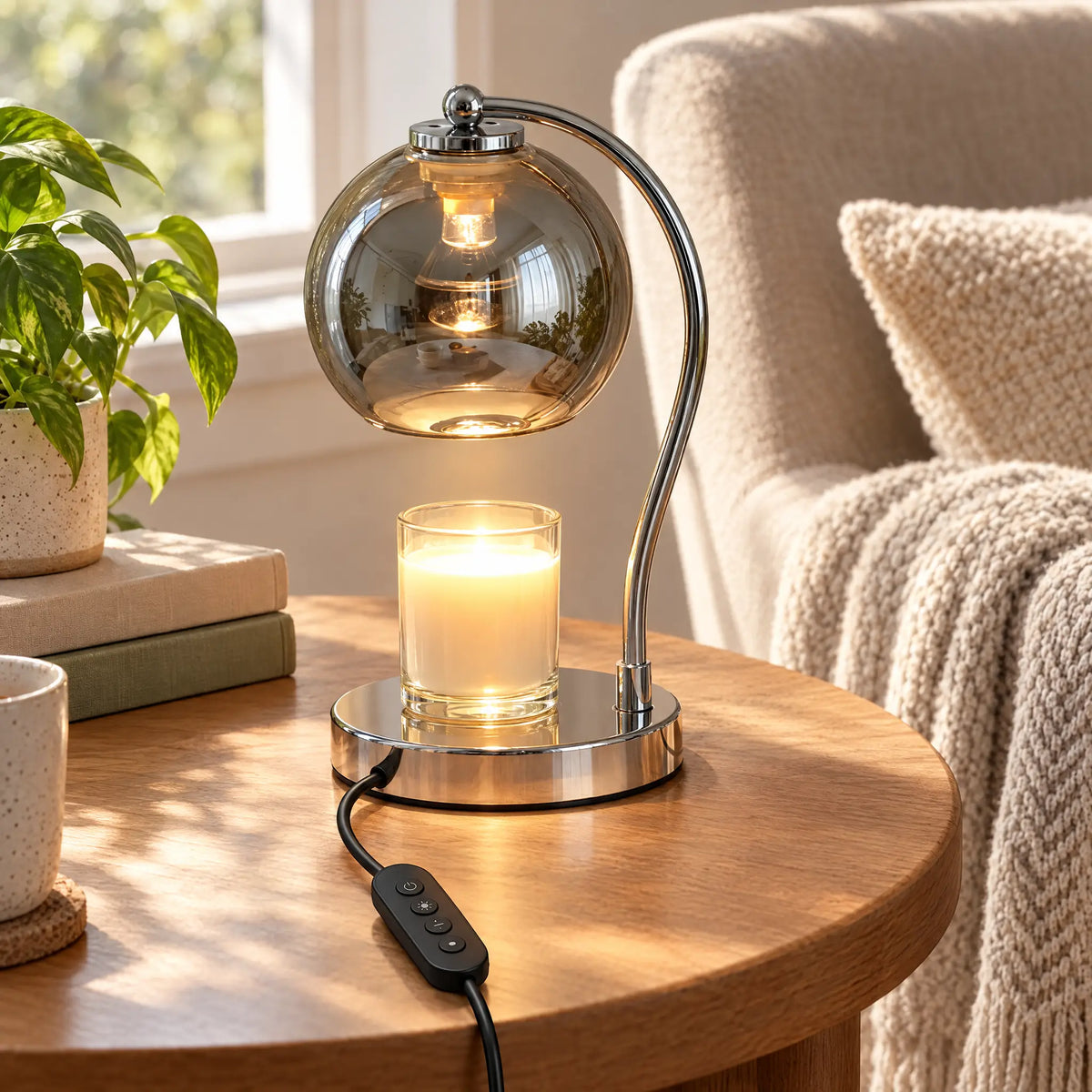 Dome Shade Candle Warmer Lamp - Crystal Clear Gray Glass, Timer Dimmer