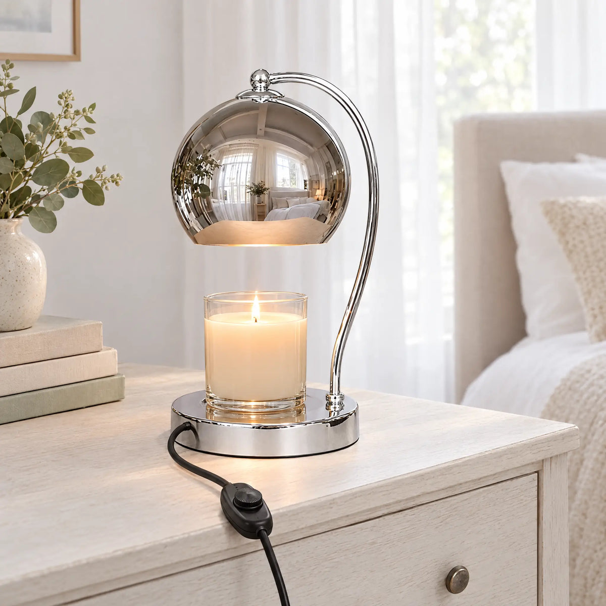 Dome Shade Candle Warmer Lamp - Electroplated Silver, Dimmer Switch