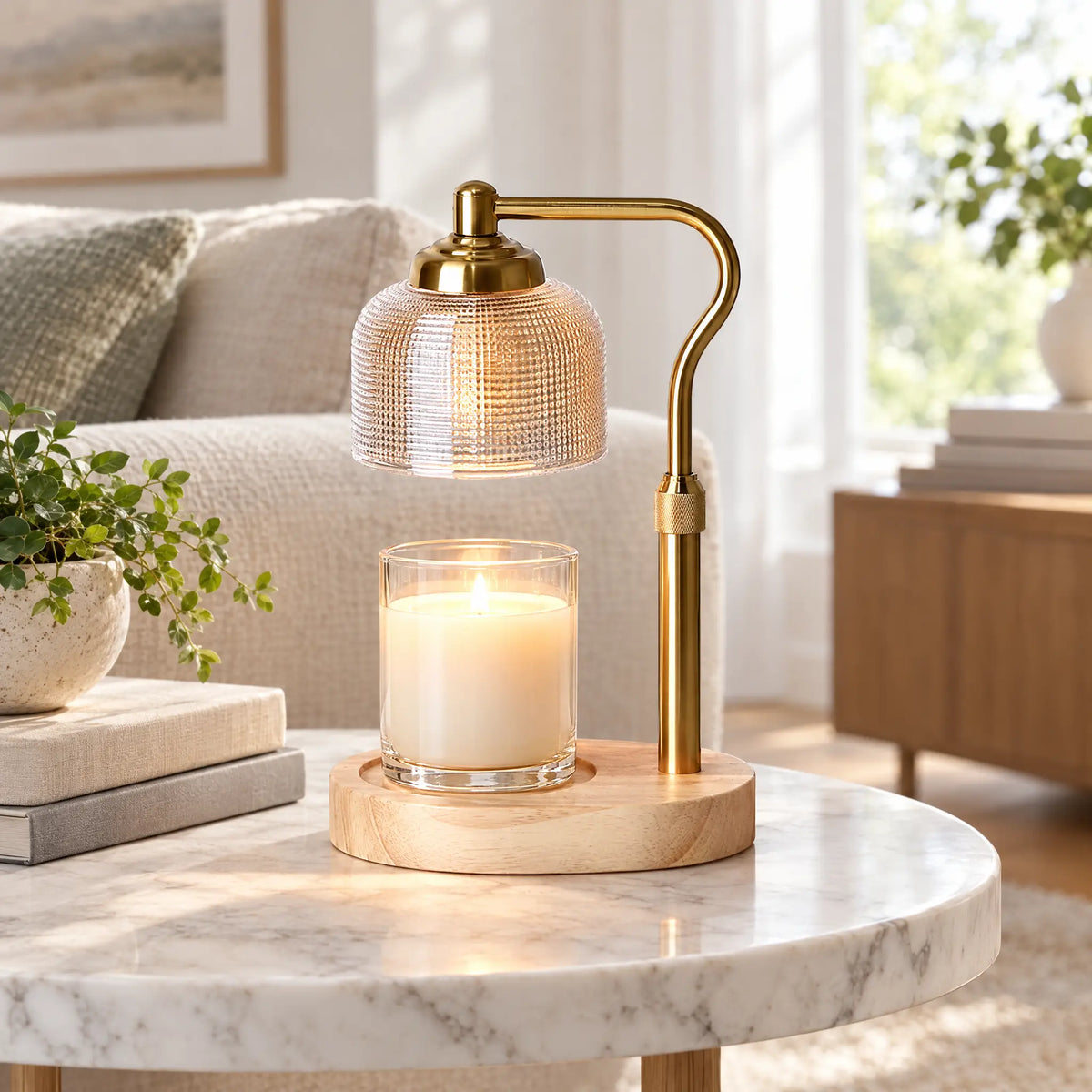 Telescoping Candle Warmer Lamp - Natural Wood Base, Gold Pole