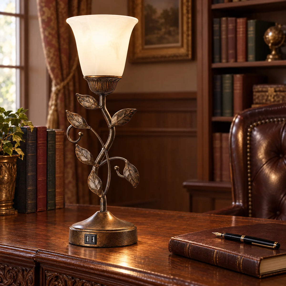 Retro Leaf Vine Table Lamp - White Glass Shade, Bronze-Brown Body
