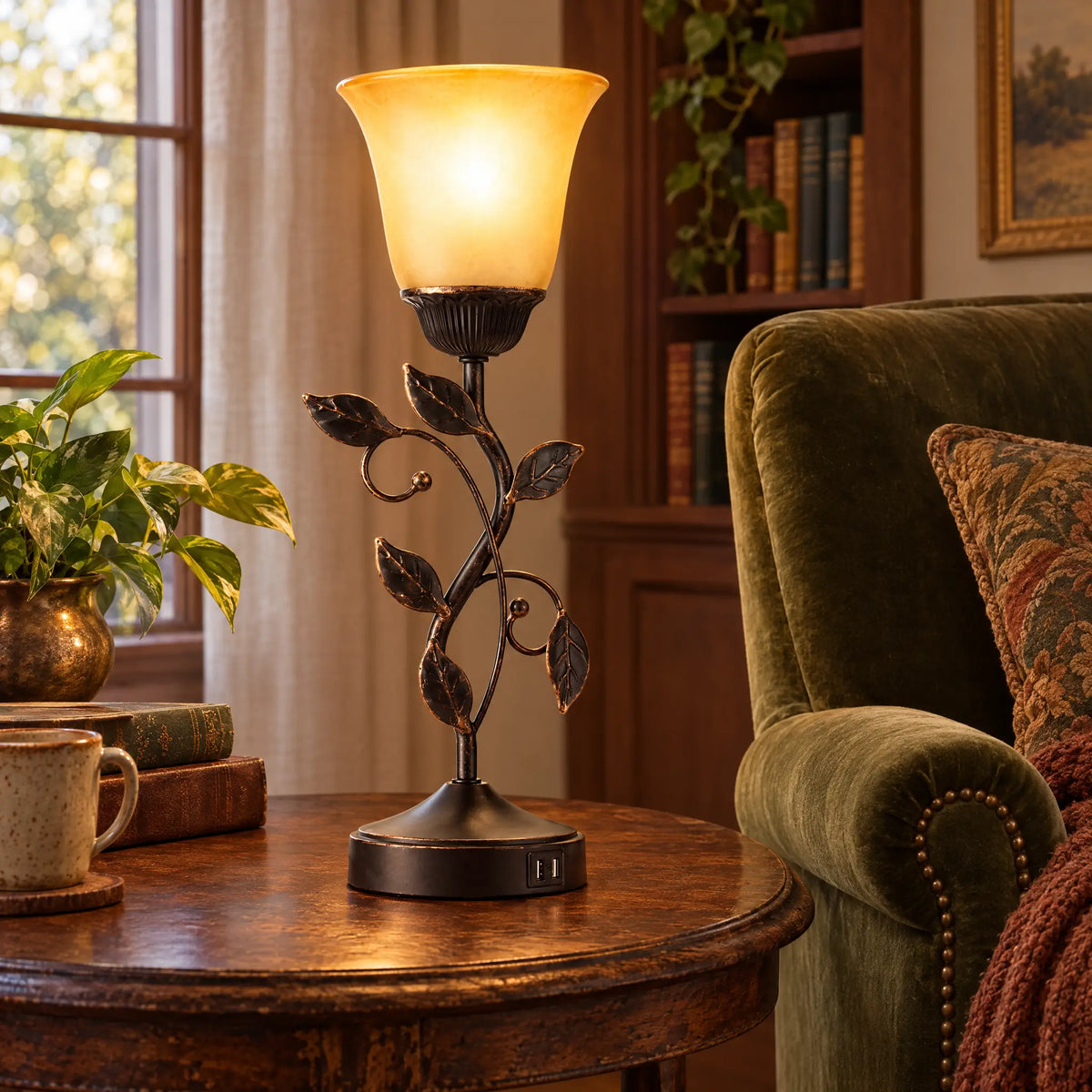 Retro Leaf Vine Table Lamp - Amber Glass Shade, Dark Bronze Body