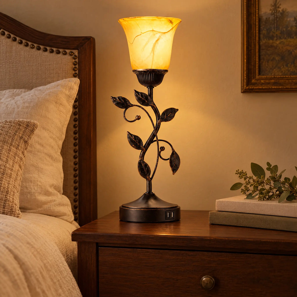 Retro Leaf Vine Table Lamp with Glass Shade on a bedroom nightstand