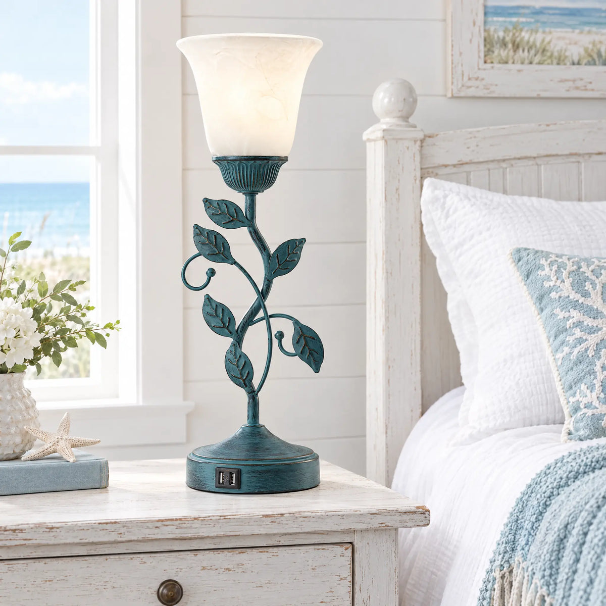 Retro Leaf Vine Table Lamp - White Glass Shade, Teal Body