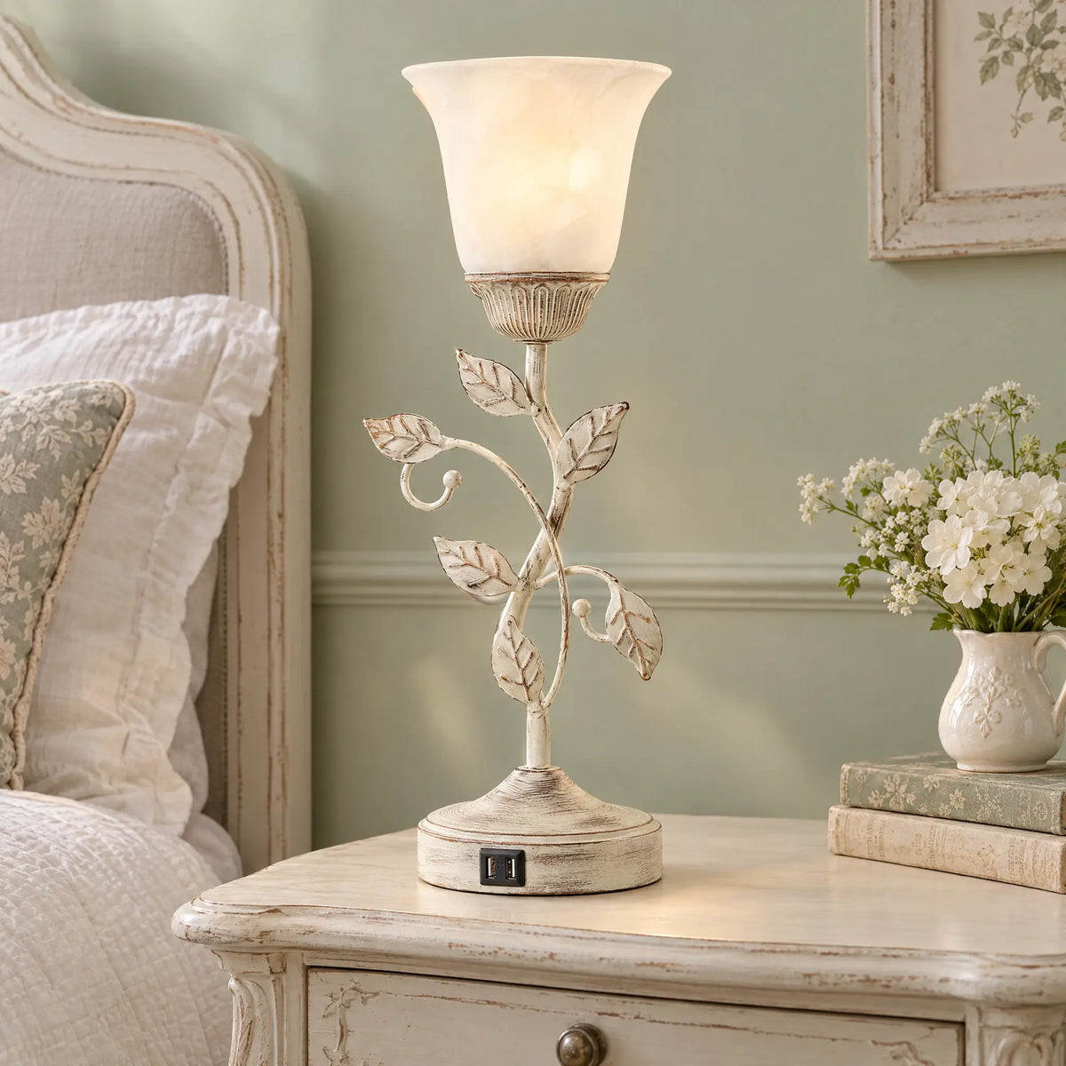Retro Leaf Vine Table Lamp - White Glass Shade, Cream Body