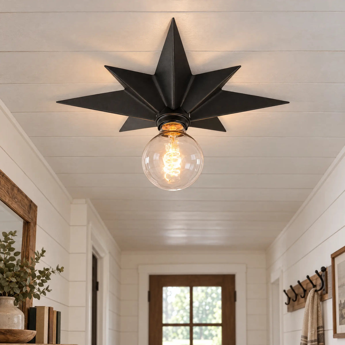 Vintage Star Ceiling Light, 8-Point Flush Mount Fixture in Black or Gold - Black
