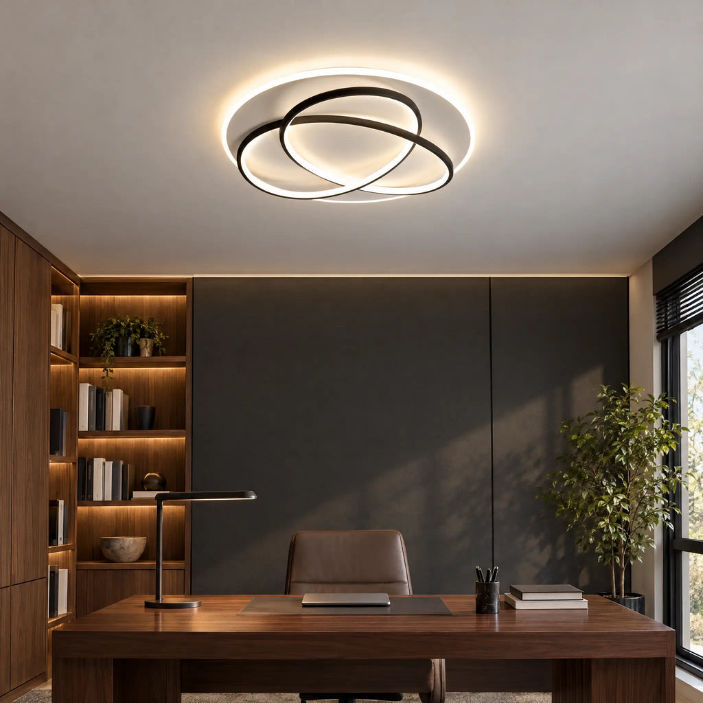 Round LED Flush Mount Ceiling Light with Interlocking Rings, 19.69 in - Black
