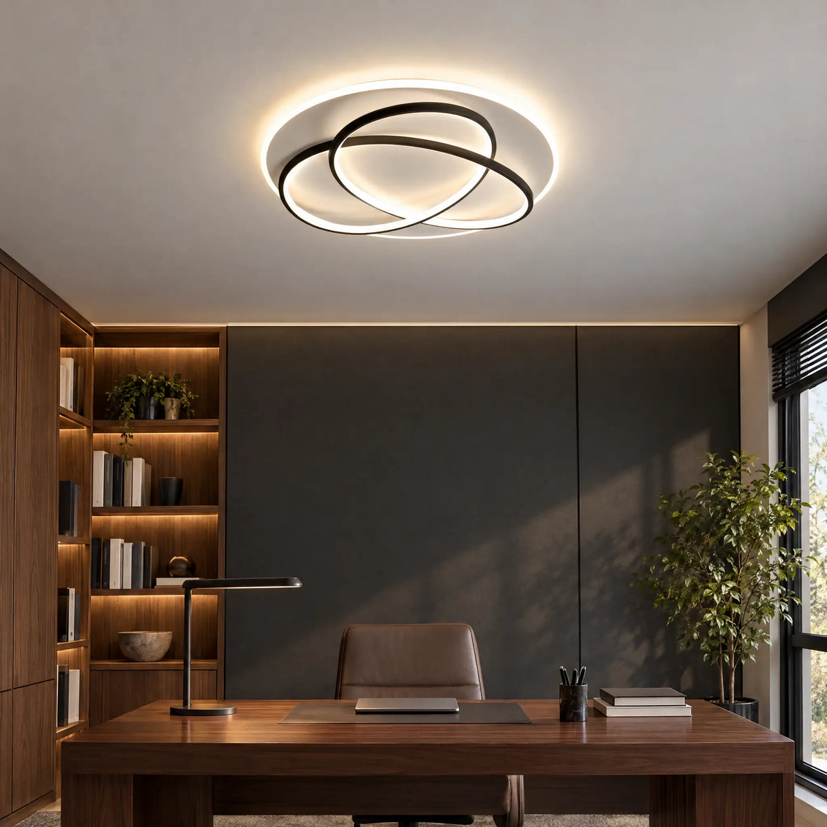 Round LED Flush Mount Ceiling Light with Interlocking Rings, 19.69 in - Black
