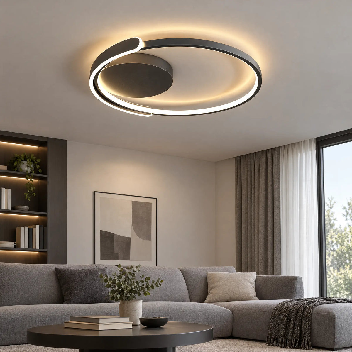 Modern Flush Mount Ceiling Light, 19.69 in Round or Square, 56W LED - Black Round