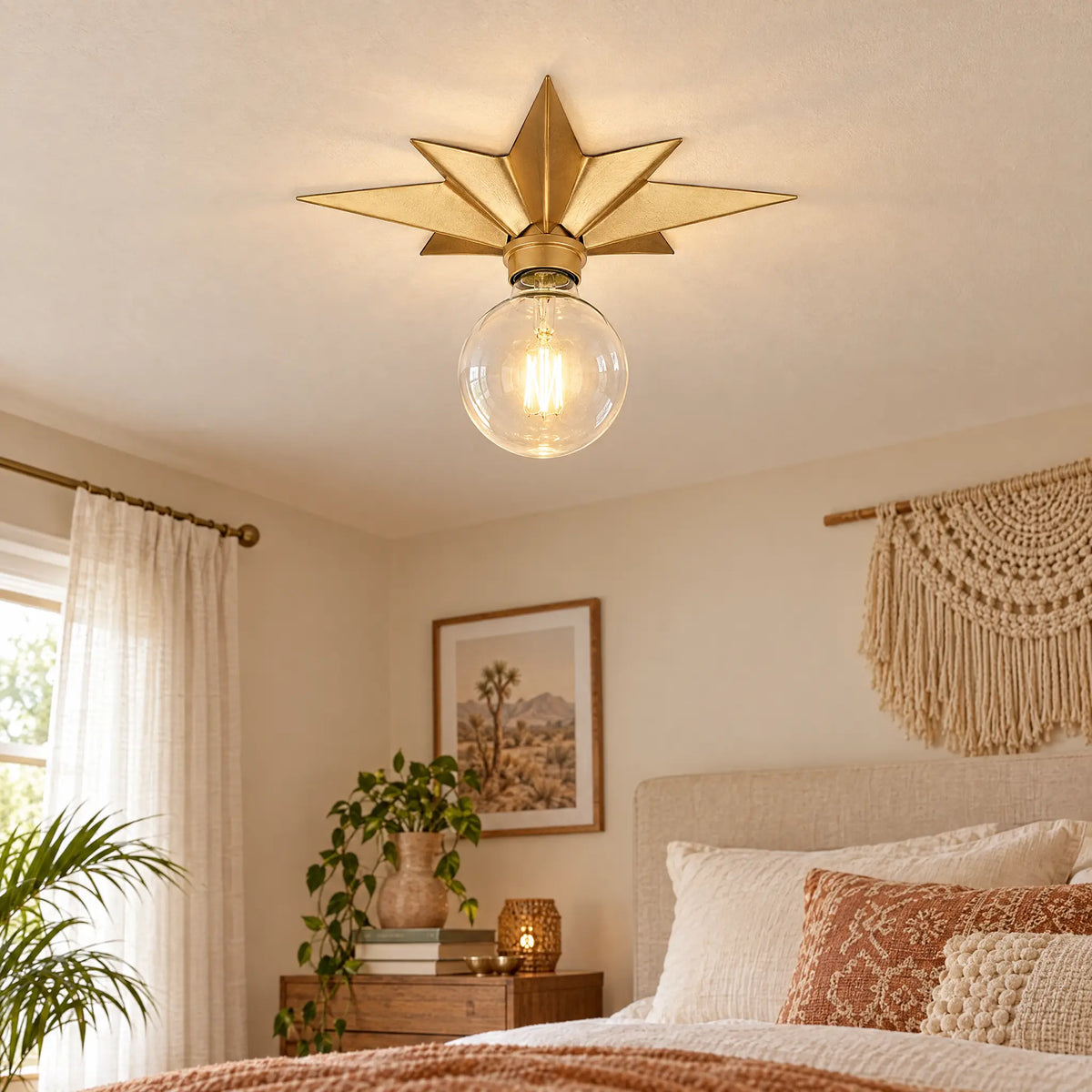Vintage Star Ceiling Light, 8-Point Flush Mount Fixture in Black or Gold - Gold