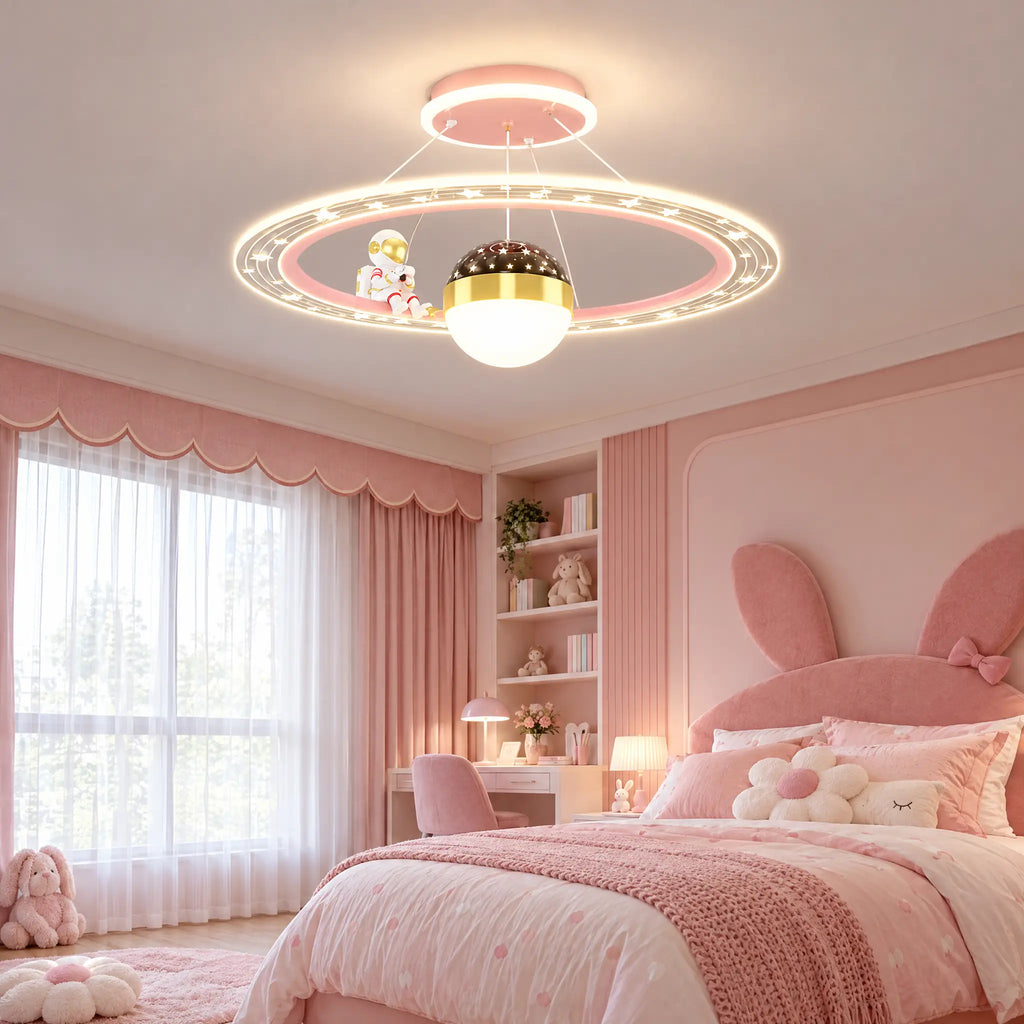 Astronaut LED Ceiling Light Fixture for Kids Room, 19.69 in Ring - Pink
