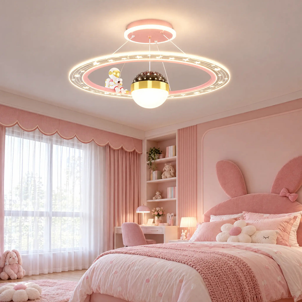Astronaut LED Ceiling Light Fixture for Kids Room, 19.69 in Ring - Pink