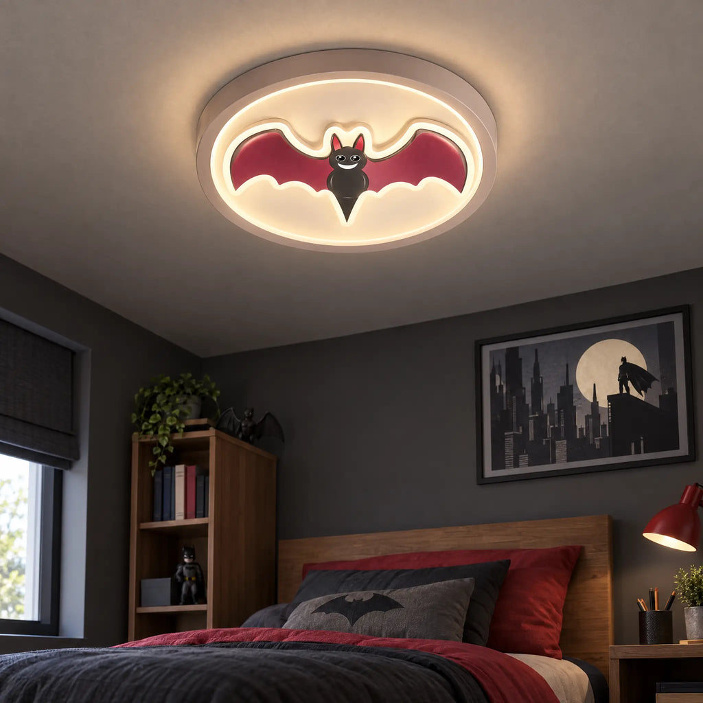 Bat Flush Mount Ceiling Light, 15.75 in Round LED with Red Bat Accent - Light Coffee