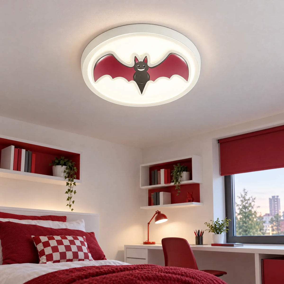 Bat Flush Mount Ceiling Light, 15.75 in Round LED with Red Bat Accent - White