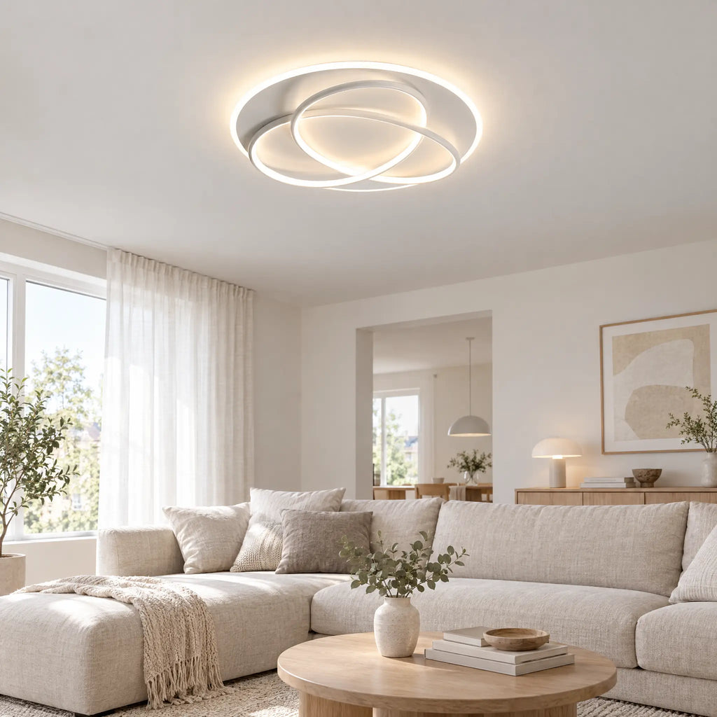 Round LED Flush Mount Ceiling Light with Interlocking Rings, 19.69 in - White