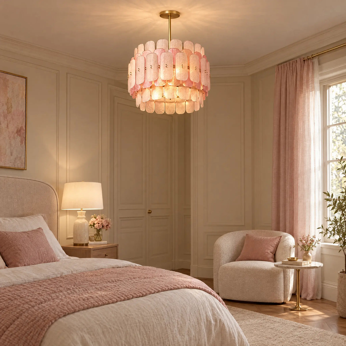 Tiered Pink Glass Chandelier Light, Gold or Chrome E14 Frame - Type B 19.69 in Gold