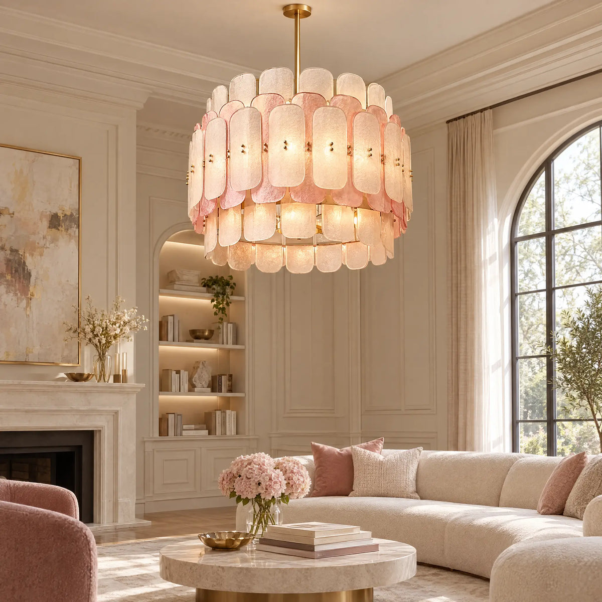 Tiered Pink Glass Chandelier Light, Gold or Chrome E14 Frame - Type B 31.50 in Gold