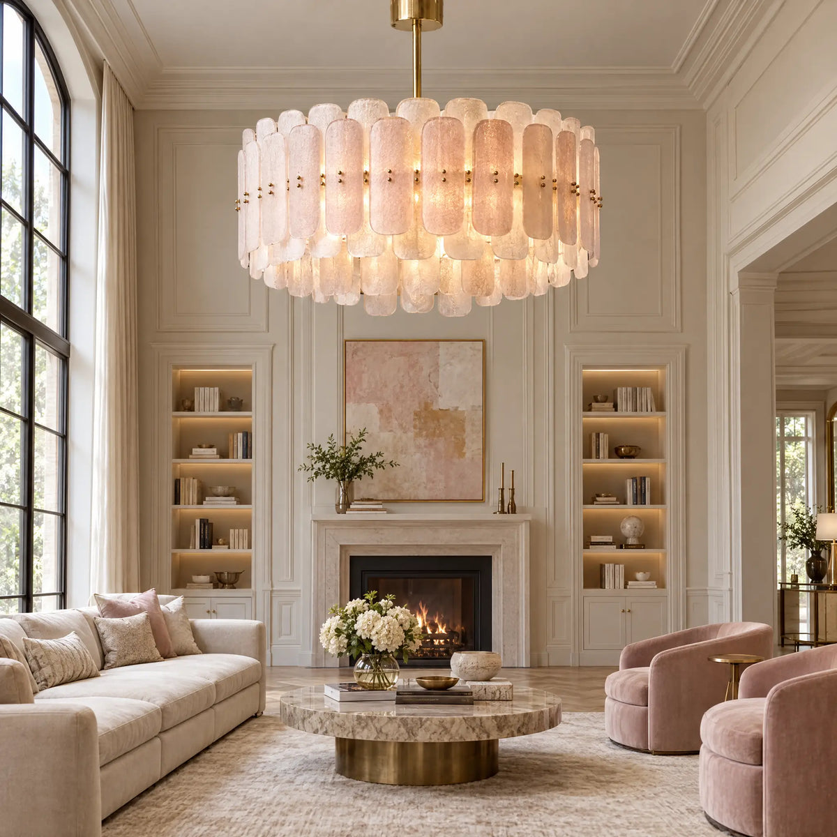 Tiered Pink Glass Chandelier Light, Gold or Chrome E14 Frame - Type A 31.50 in Gold