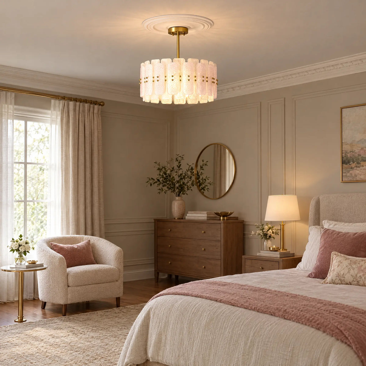 Tiered Pink Glass Chandelier Light, Gold or Chrome E14 Frame - Type A 19.69 in Gold