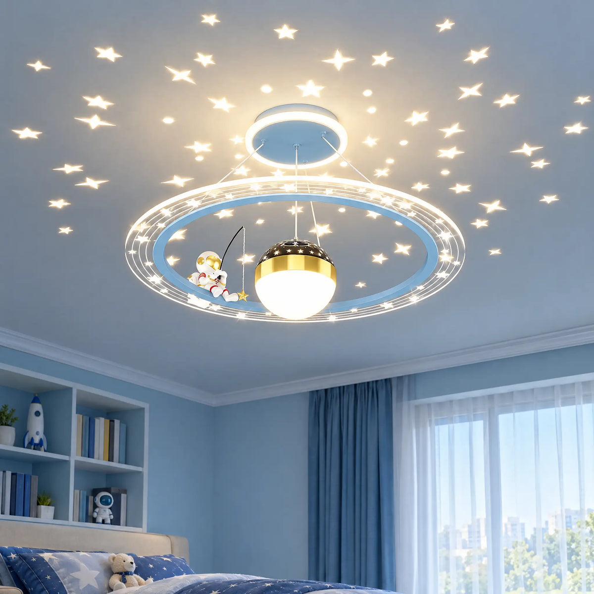 Astronaut LED Ceiling Light Fixture for Kids Room, 19.69 in Ring - Blue