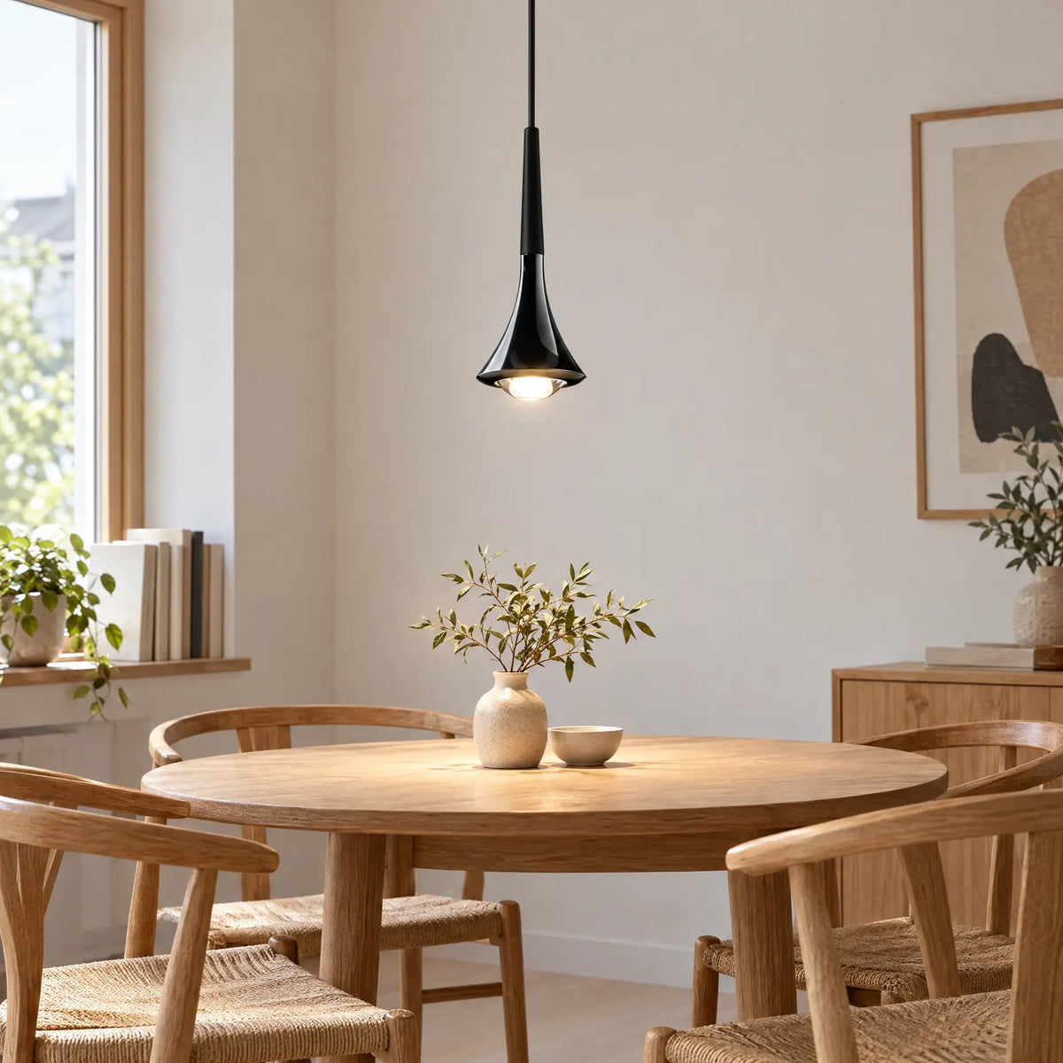 Single-Head LED Pendant Lighting with Horn-Shaped Acrylic Shade, 7W - Black