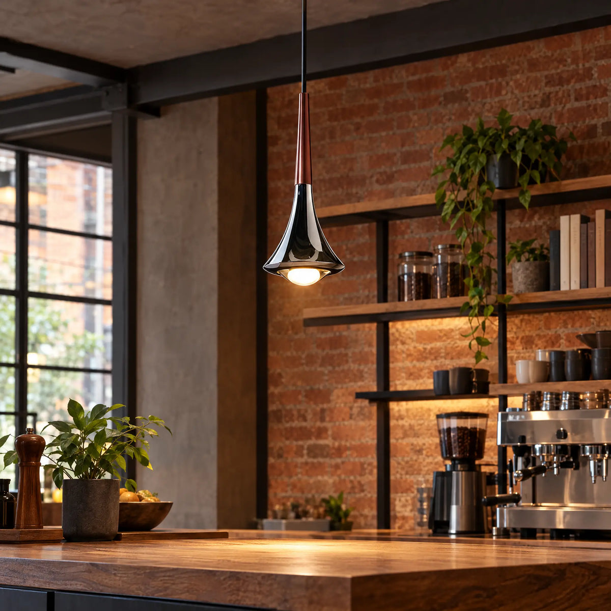 Single-Head LED Pendant Lighting with Horn-Shaped Acrylic Shade, 7W - Coffee