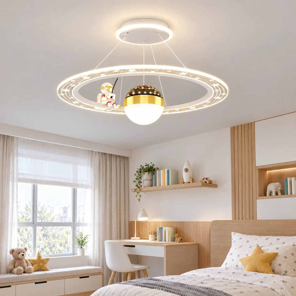 Astronaut LED Ceiling Light Fixture for Kids Room, 19.69 in Ring - White