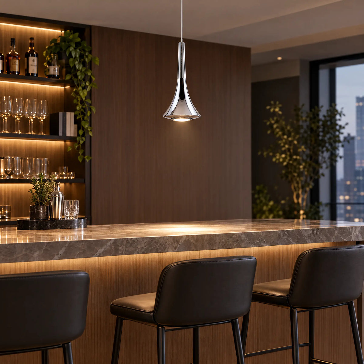 Single-Head LED Pendant Lighting with Horn-Shaped Acrylic Shade, 7W - Chrome
