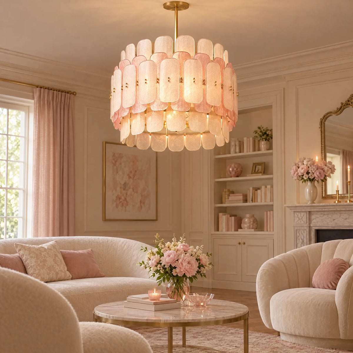 Tiered Pink Glass Chandelier Light, Gold or Chrome E14 Frame