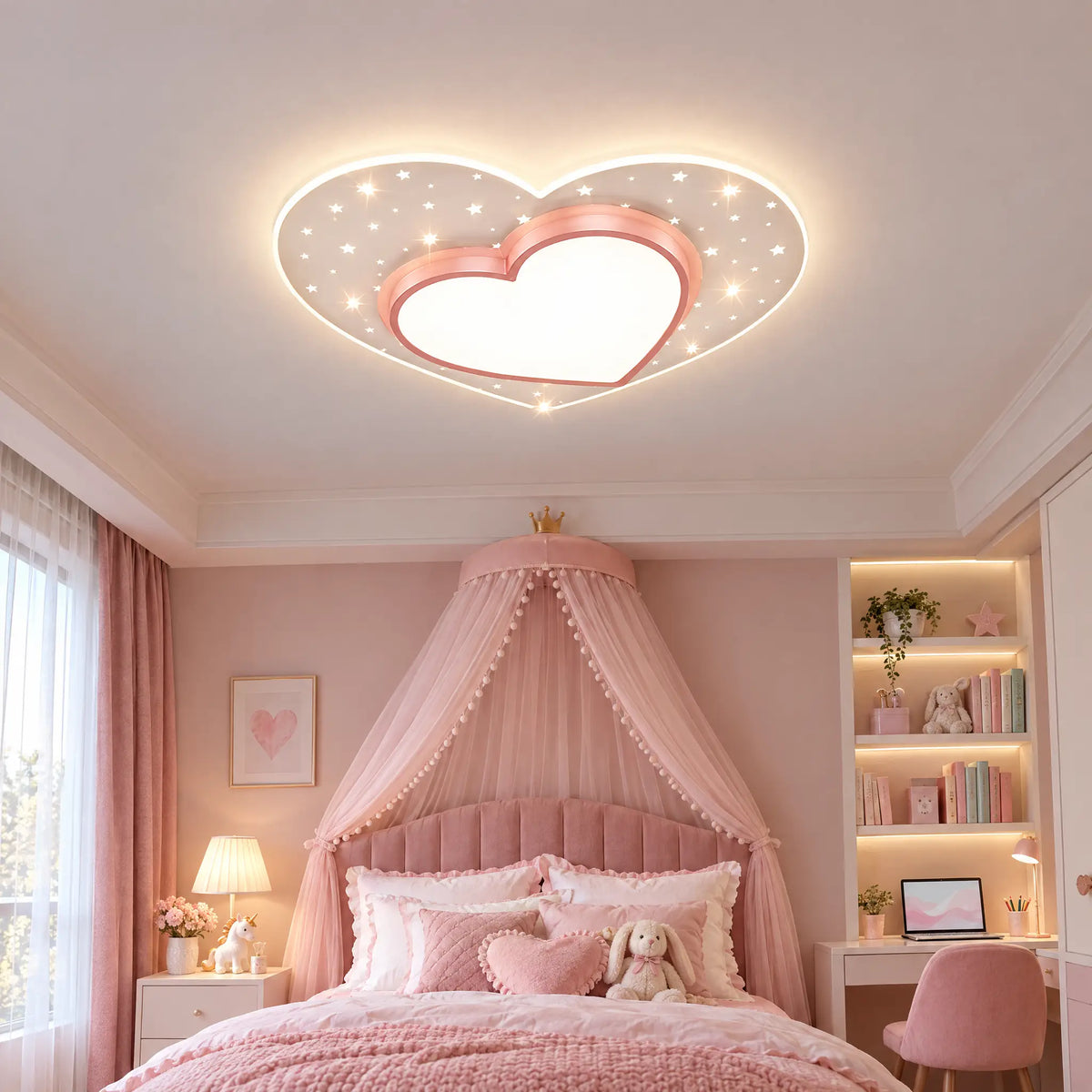 Kids Star or Heart Flush Mount Ceiling Light in Blue, Pink or Gold - Heart Pink