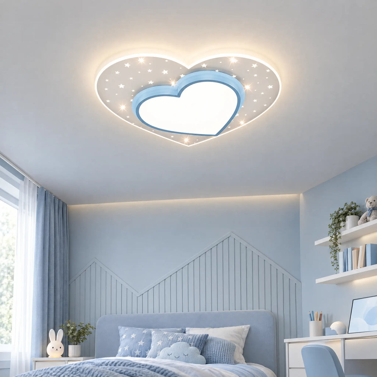 Kids Star or Heart Flush Mount Ceiling Light in Blue, Pink or Gold - Heart Blue