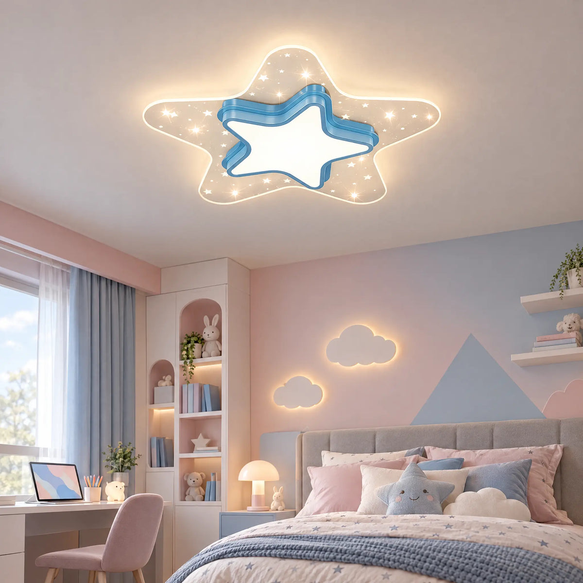 Kids Star or Heart Flush Mount Ceiling Light in Blue, Pink or Gold
