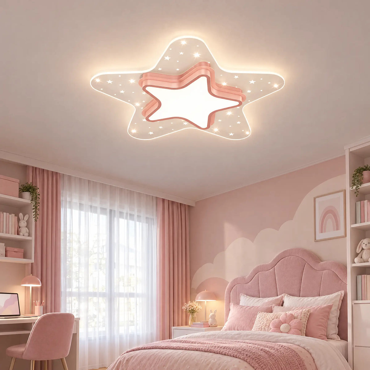 Kids Star or Heart Flush Mount Ceiling Light in Blue, Pink or Gold - Star Pink