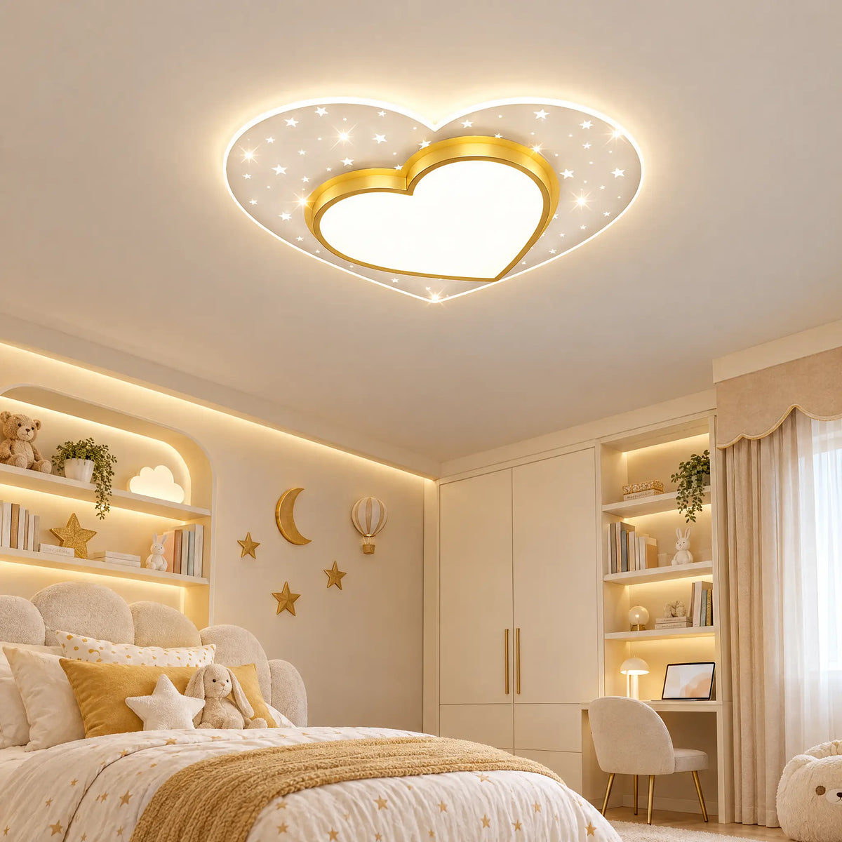 Kids Star or Heart Flush Mount Ceiling Light in Blue, Pink or Gold - Heart Gold