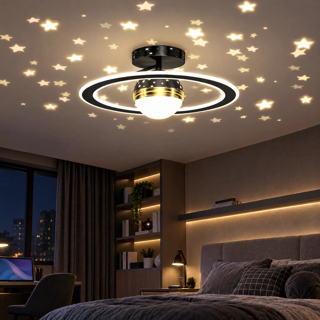 Star Ceiling Light with Starry Projection & Ring, 19.69 in Gold or Black - Black