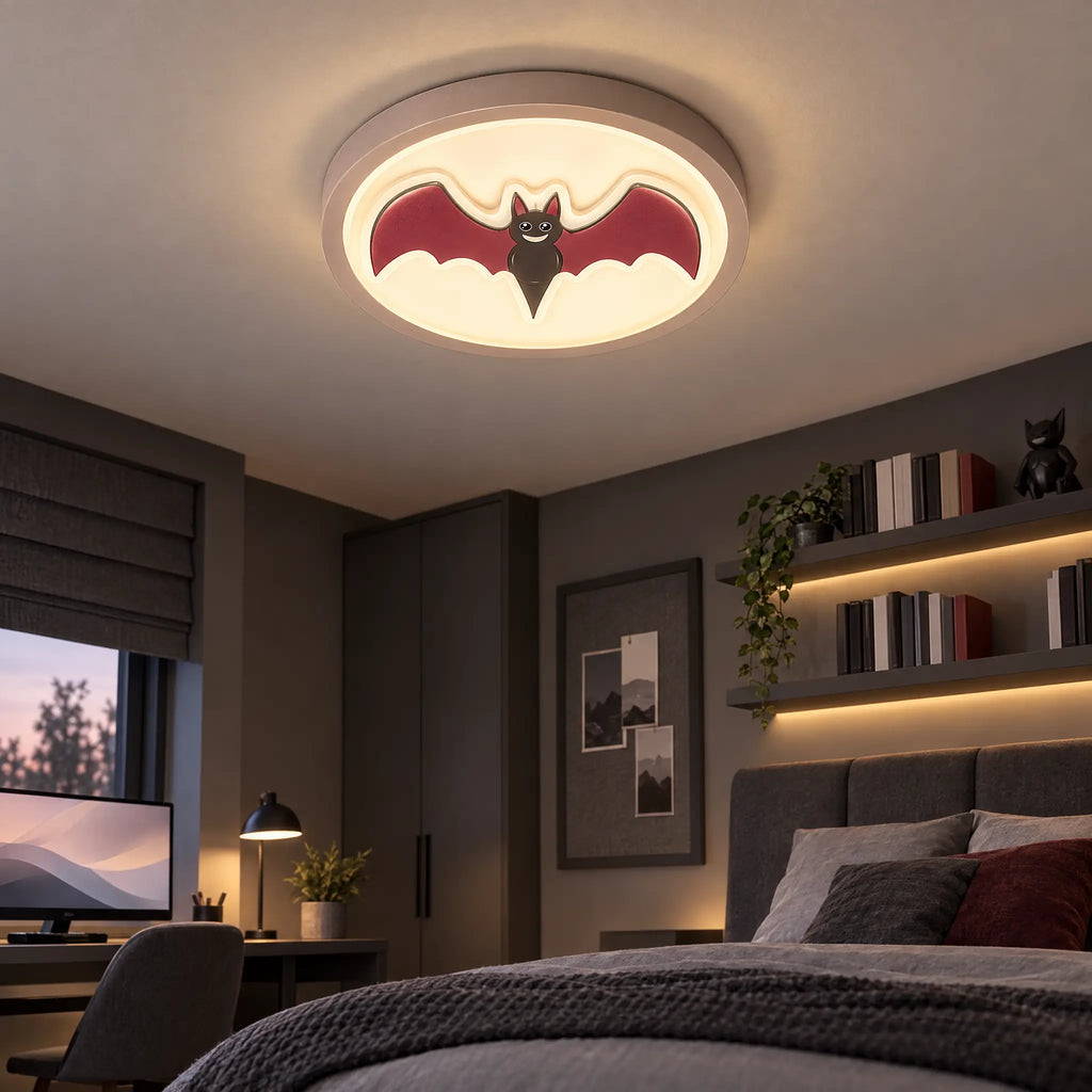 Bat Flush Mount Ceiling Light, 15.75 in Round LED with Red Bat Accent
