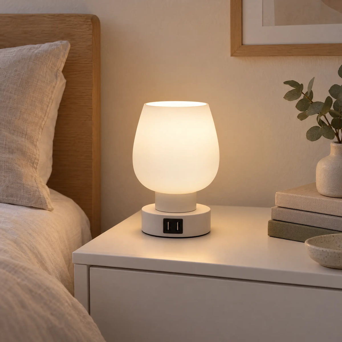 Opal Glass Touch Lamp with 3-Level Dimming and LED Bulb Included - Dual USB